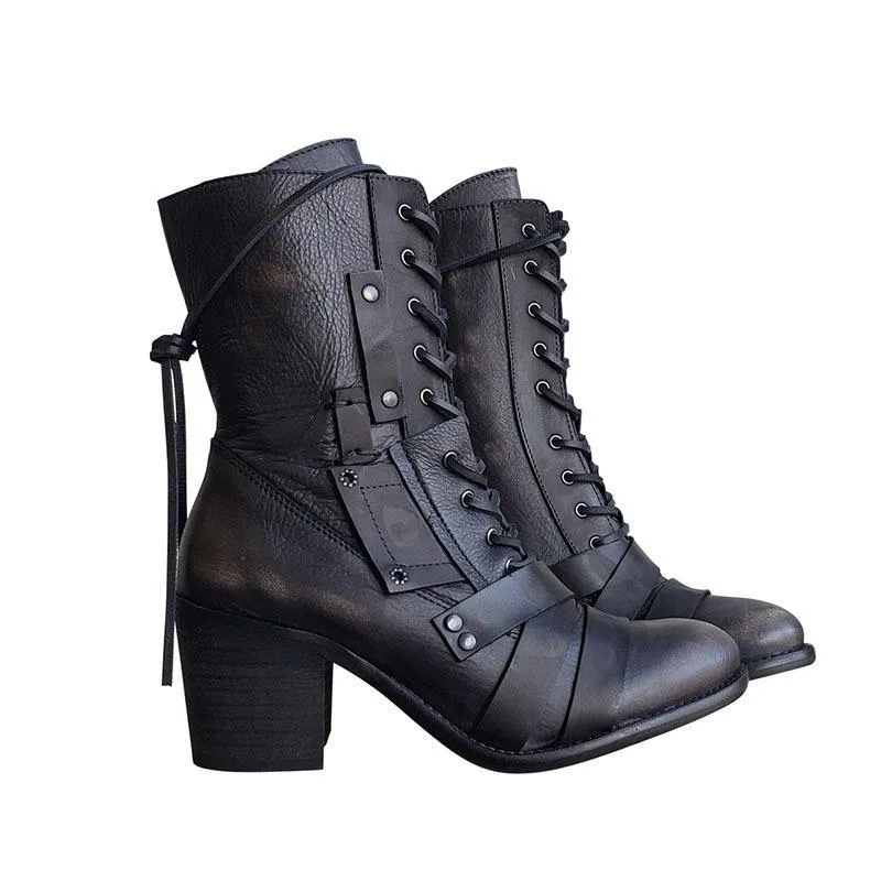 Women's vintage chunky block heel combat boots front lace mid calf boots