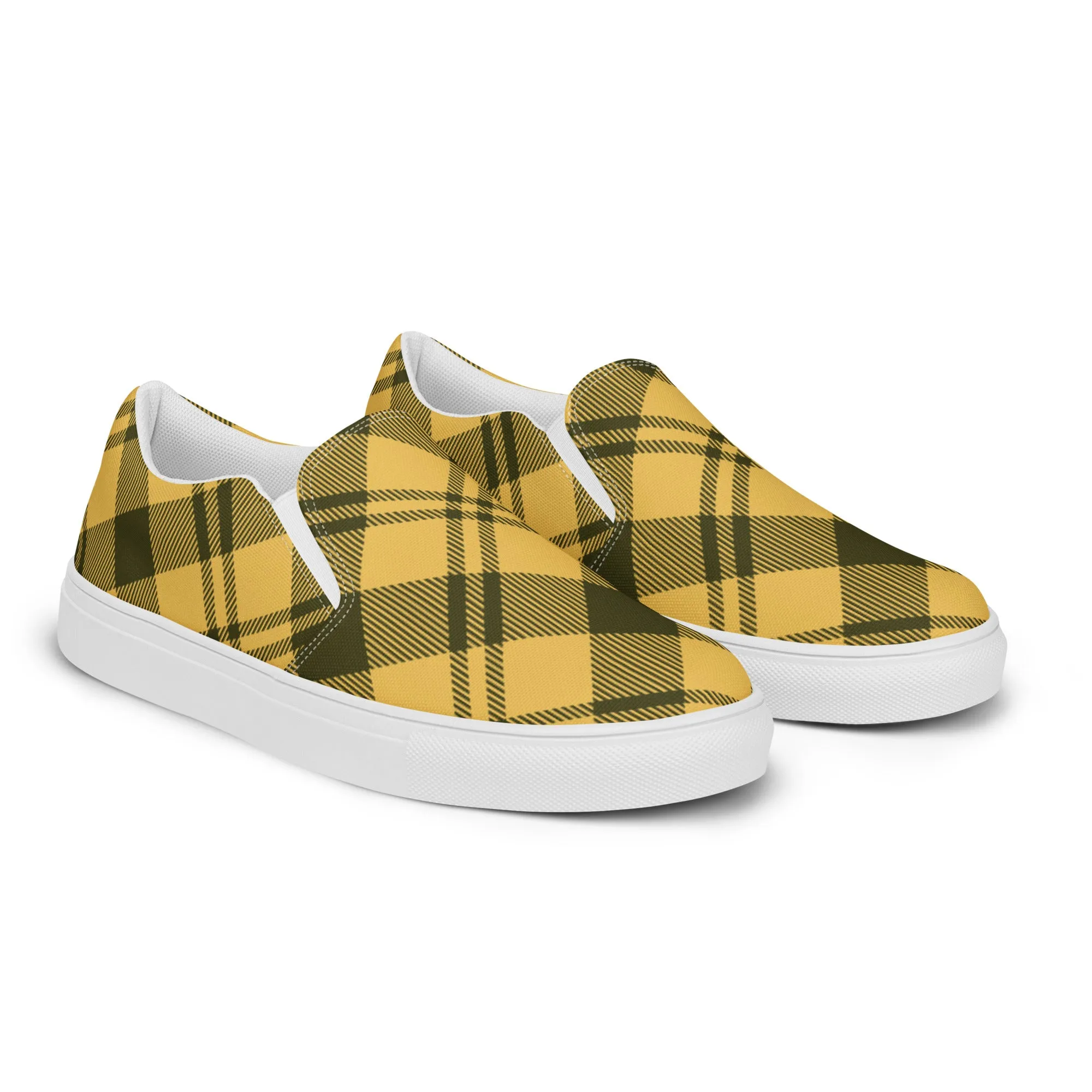 Yellow Plaid Print Women's Sneakers, Plaid Print Women’s Slip-On Canvas Shoes (US Size: 5-12)