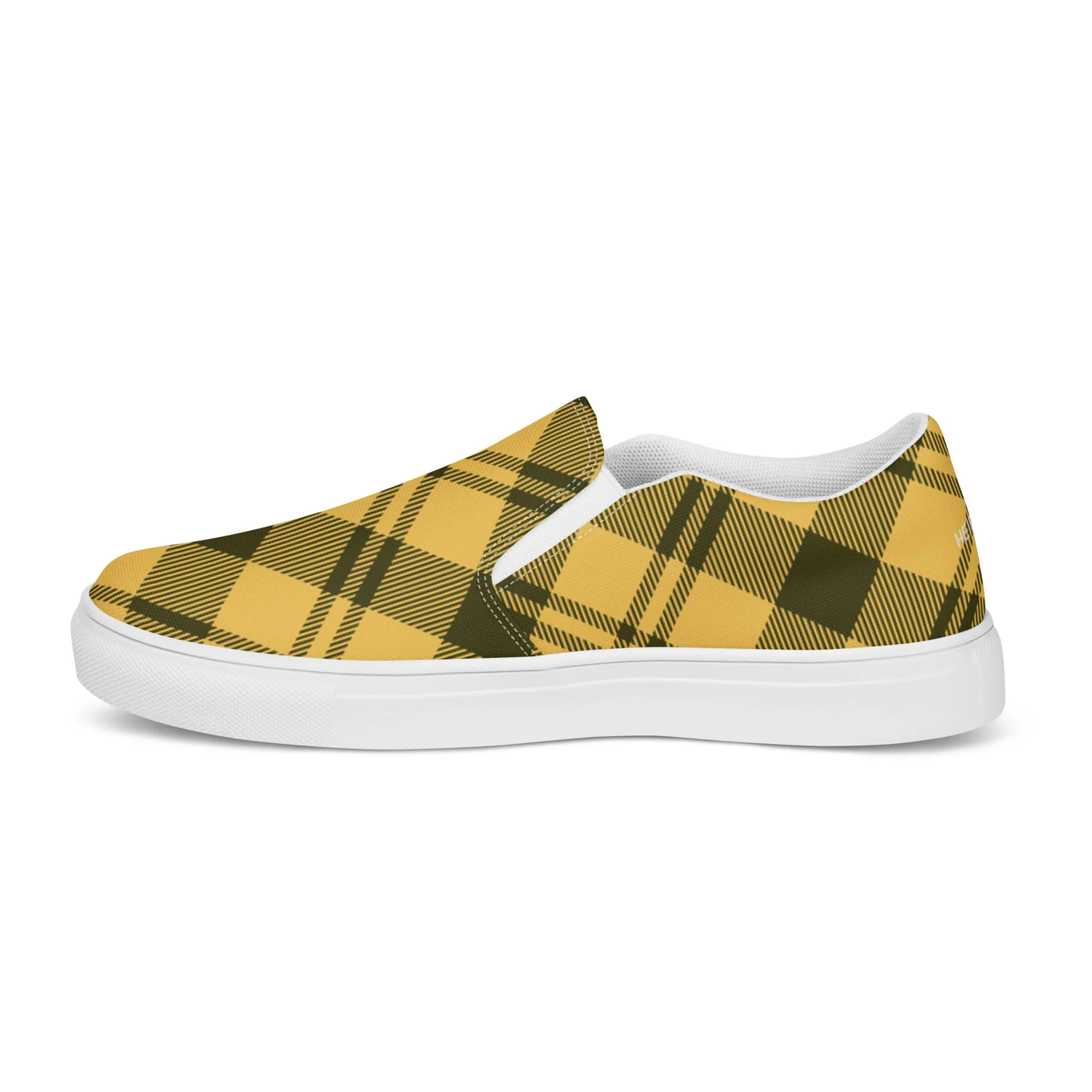 Yellow Plaid Print Women's Sneakers, Plaid Print Women’s Slip-On Canvas Shoes (US Size: 5-12)